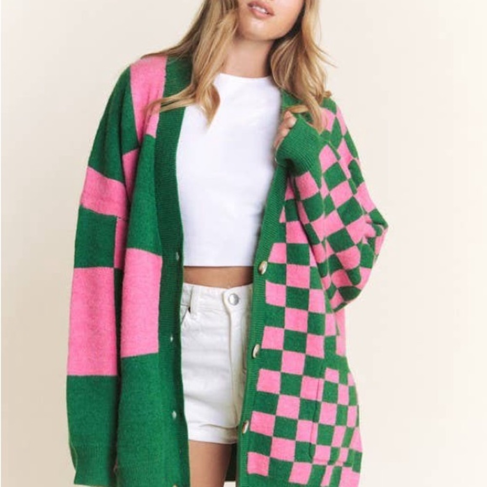 Green and Pink Checkered Women's Sweater - Picture 3 of 7